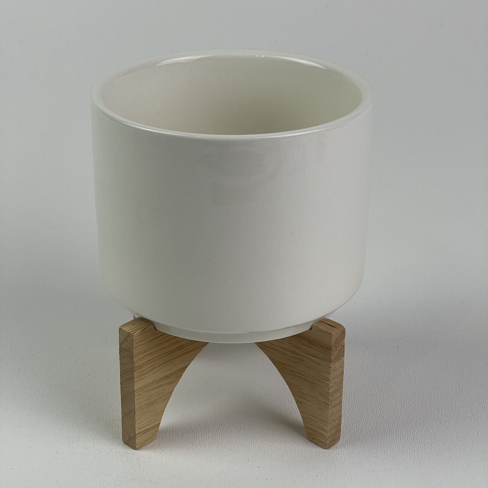 White Ceramic Planter Flowerpot and Wood Stand Succulent Indoor Outdoor 3x3.5